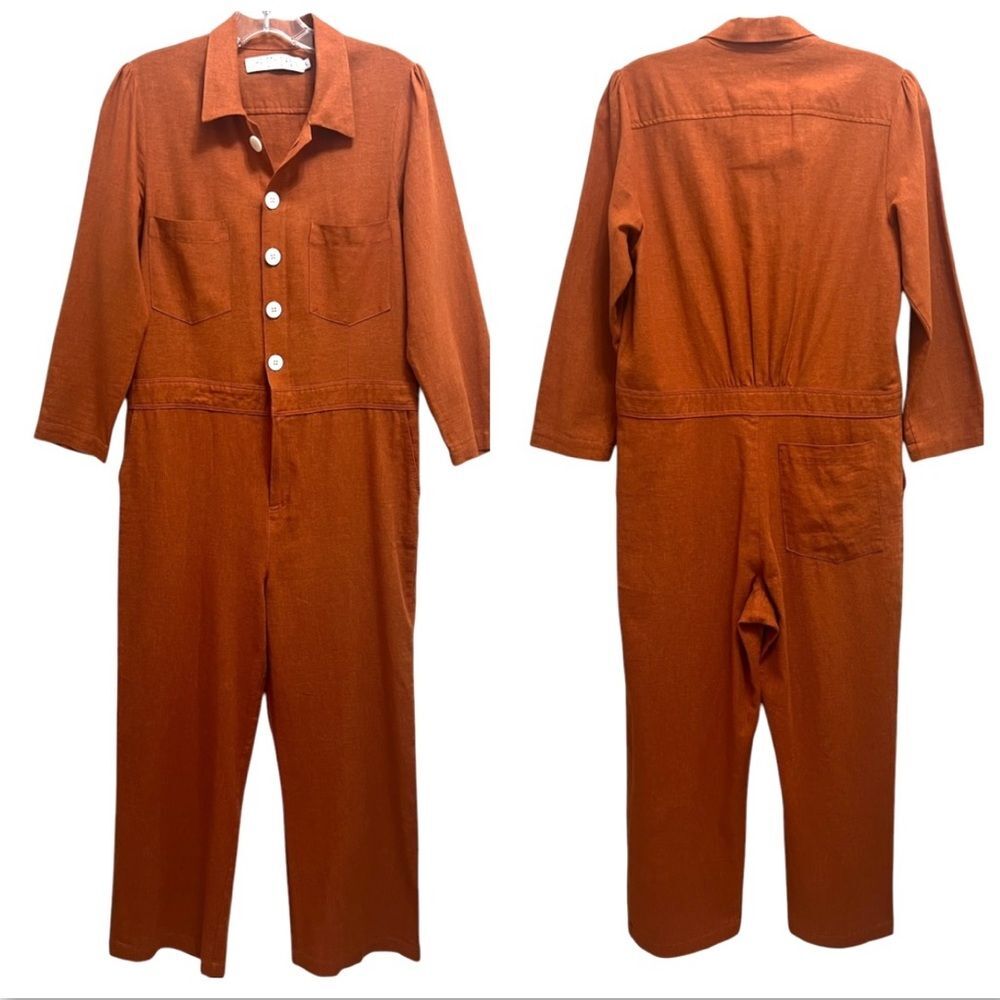 Christy Dawn Linen Painter Jumpsuit Long Sleeve in Rust Size L - Picture 3 of 13